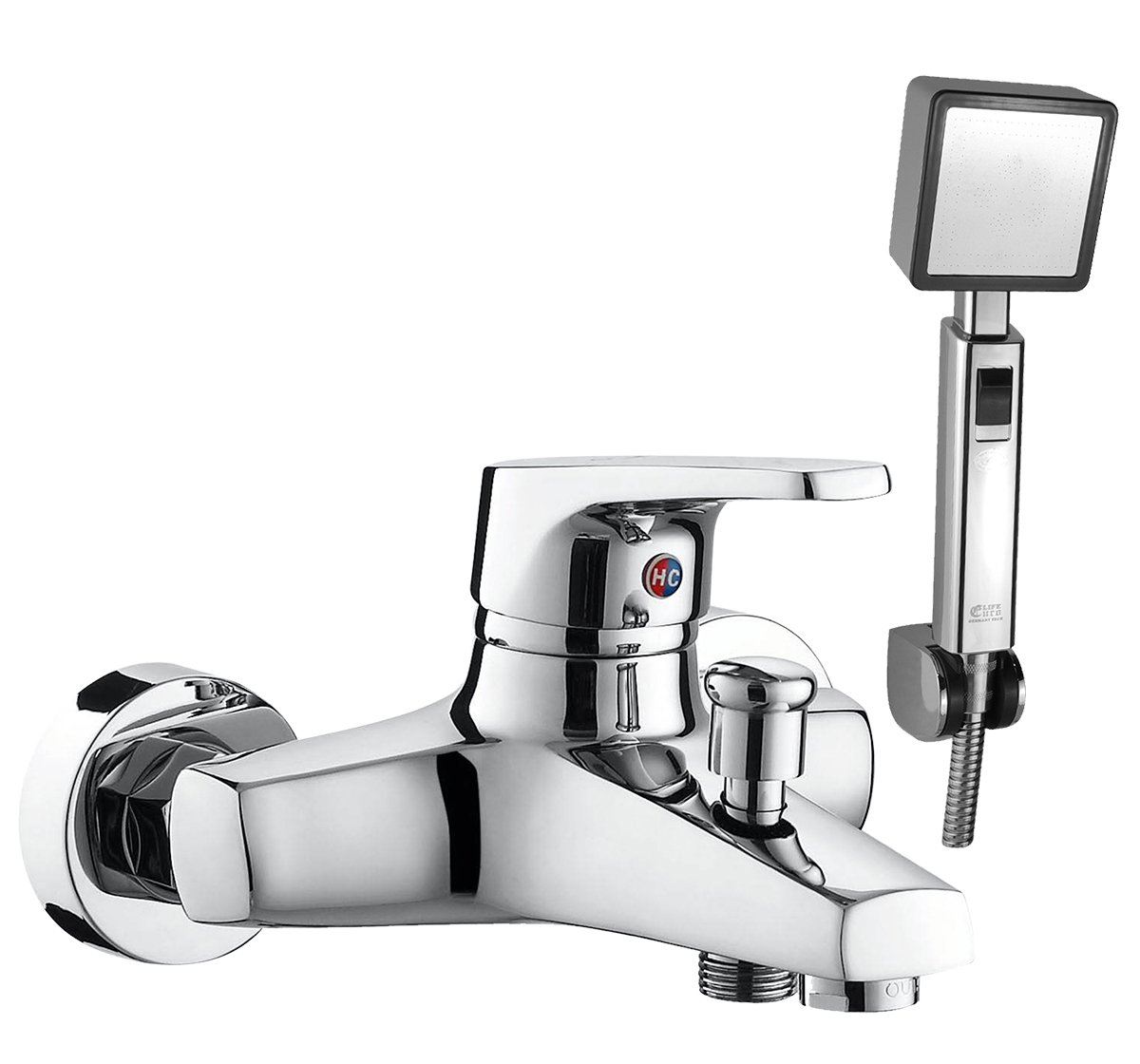 Hình ảnh củ sen nóng lạnh Eurolife EL-IRIS 01 trong combo sen tắm nóng lạnh Eurolife IRIS 03, đi kèm tay sen, dây sen và bát gác, bề mặt mạ Chrome sáng bóng.