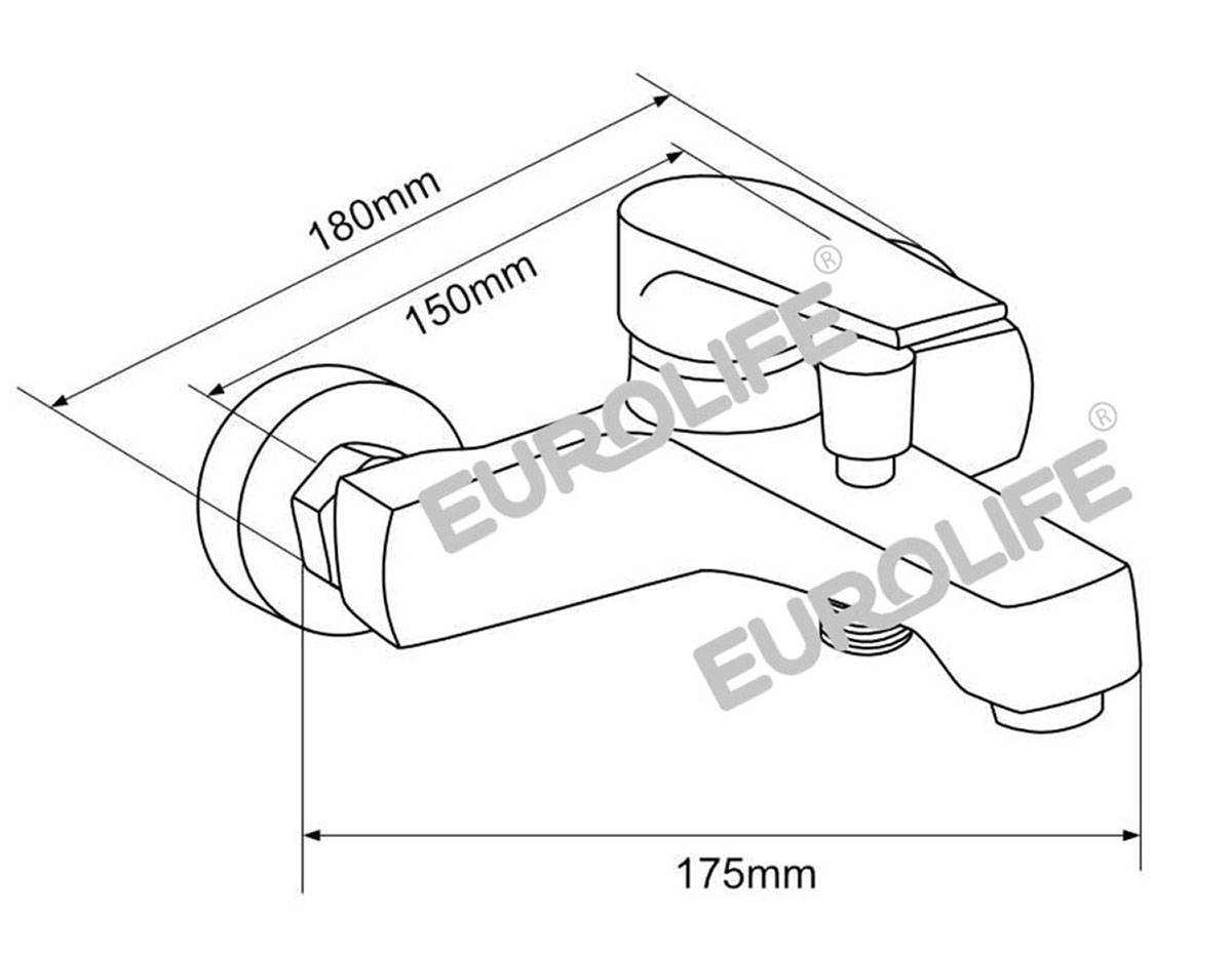 Bản vẽ kích thước lắp đặt củ sen nóng lạnh Eurolife EL-JAS 01 với tâm chân sen 150mm, chiều ngang 180mm và thân xả khoảng 175mm, giúp khách hàng dễ kiểm tra trước khi mua.