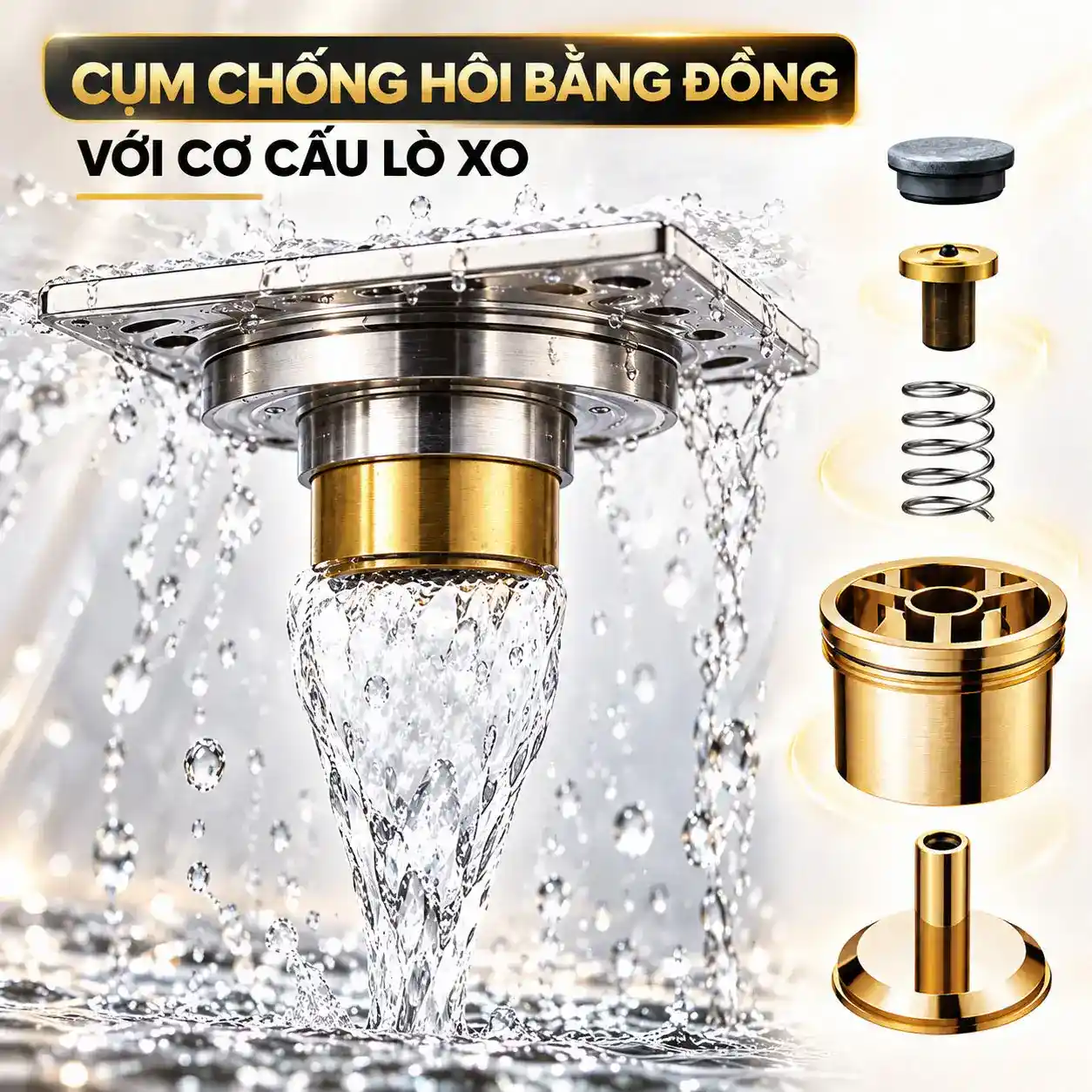 Cấu tạo cụm chống hôi bằng Đồng và cơ cấu lò xo của thoát sàn Eurolife EL-HG07