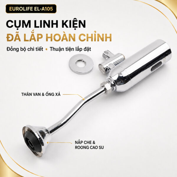 Cụm van xả tiểu cảm ứng Eurolife EL-A105 sau khi lắp thân van, ống xả, bát che và gioăng cao su kết nối bồn tiểu.