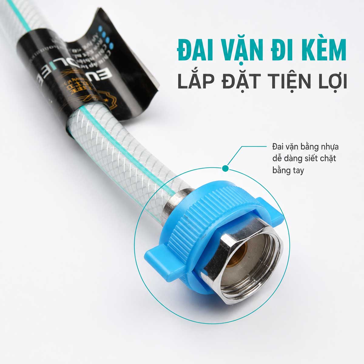 Đai vặn đi kèm dây cấp Eurolife EL-DN50 và EL-DN60 tạo điểm bám chắc, giúp xoay và siết đầu nối thuận tiện bằng tay.