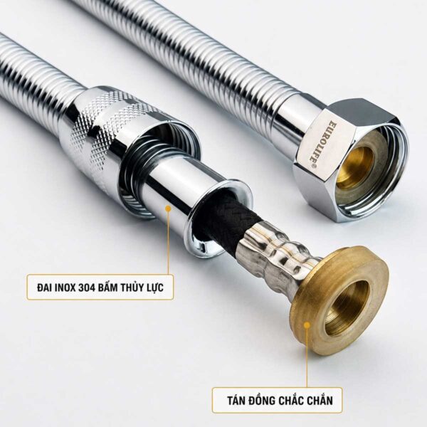 Chi tiết đầu dây xịt Eurolife EL-X06 với đai bấm thủy lực, tán đồng và phần ruột dây gia cường bên trong.