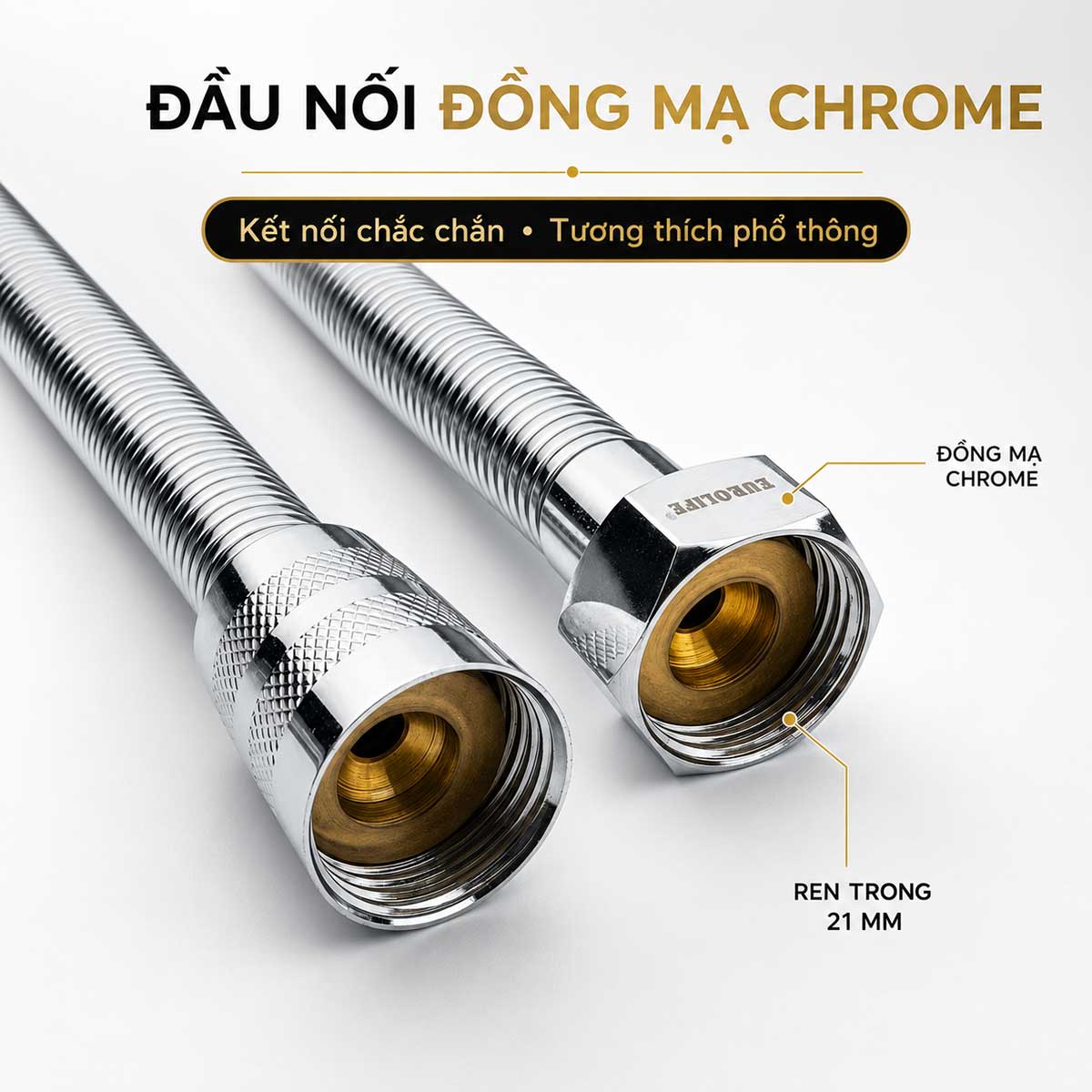 Hai đầu nối dây xịt Eurolife EL-X06 bằng đồng mạ Chrome, sử dụng ren trong 21mm phổ thông.