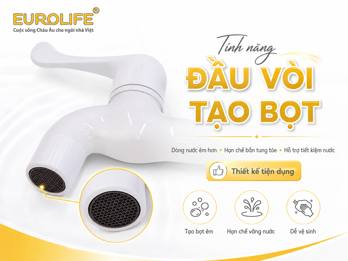 Vòi hồ Eurolife EL-VH02 được trang bị đầu tạo bọt, giúp dòng nước chảy êm hơn và hạn chế tình trạng nước bắn tung tóe khi xả trực tiếp.