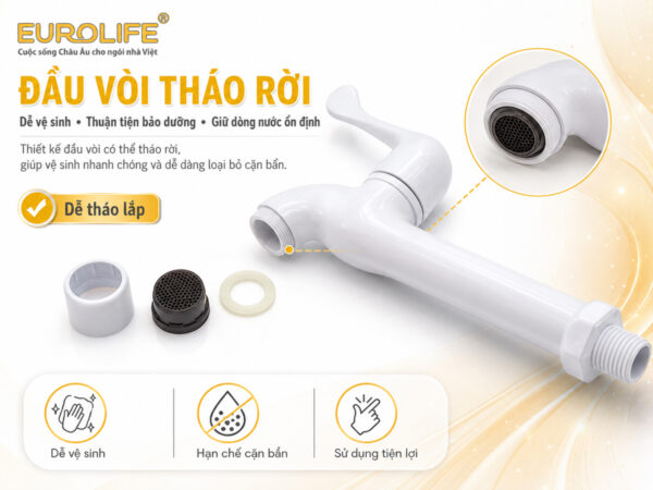 Đầu vòi Eurolife EL-VH02 có thể tháo rời, giúp người dùng thuận tiện kiểm tra, vệ sinh cặn bẩn và bảo dưỡng bộ phận đầu xả.