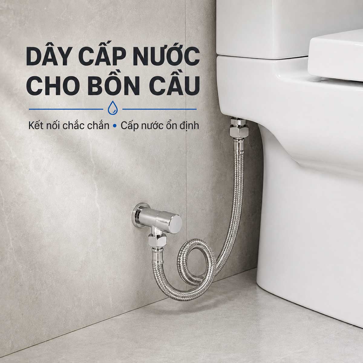 Dây cấp nước Inox 304 Eurolife EL-DI50, EL-DI60 dùng kết nối van khóa với bồn cầu, giúp bố trí đường cấp nước chắc chắn và gọn gàng.