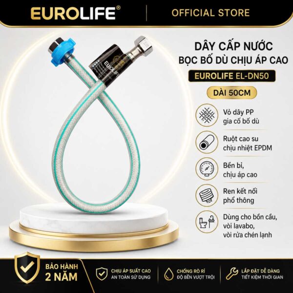 Dây cấp nước bọc bố dù Eurolife EL-DN50 dài 50cm, ruột EPDM, ren trong 21mm, chịu áp cao và dễ lắp đặt.