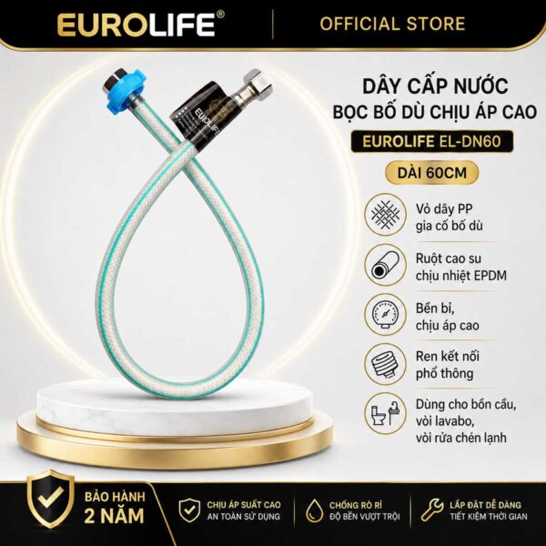 Dây cấp nước bọc bố dù Eurolife EL-DN60 dài 60cm, ruột EPDM, ren trong 21mm, linh hoạt cho vị trí kết nối xa.