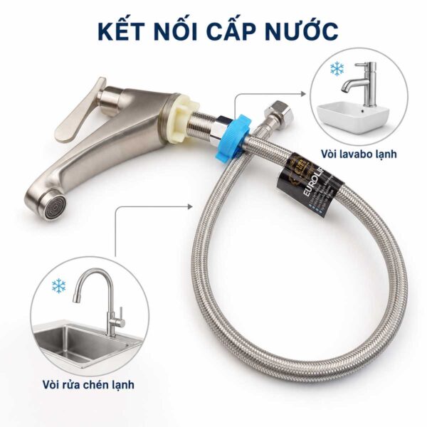 Dây cấp Eurolife EL-DI50, EL-DI60 dùng kết nối nguồn nước cho vòi lavabo và vòi rửa chén có đầu ren 21mm tương thích, thuận tiện lắp mới hoặc thay thế.