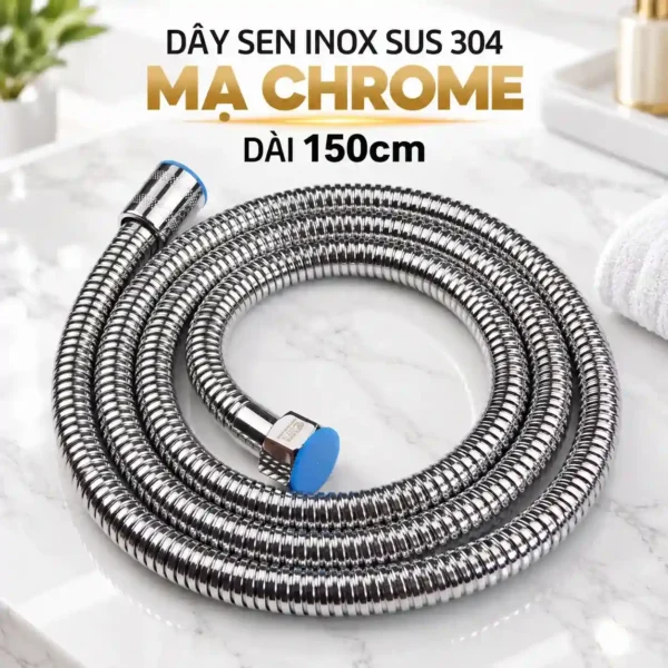 Dây sen Eurolife EL-121SH bằng Inox SUS 304 mạ Chrome dài 150cm cuộn trên nền sáng