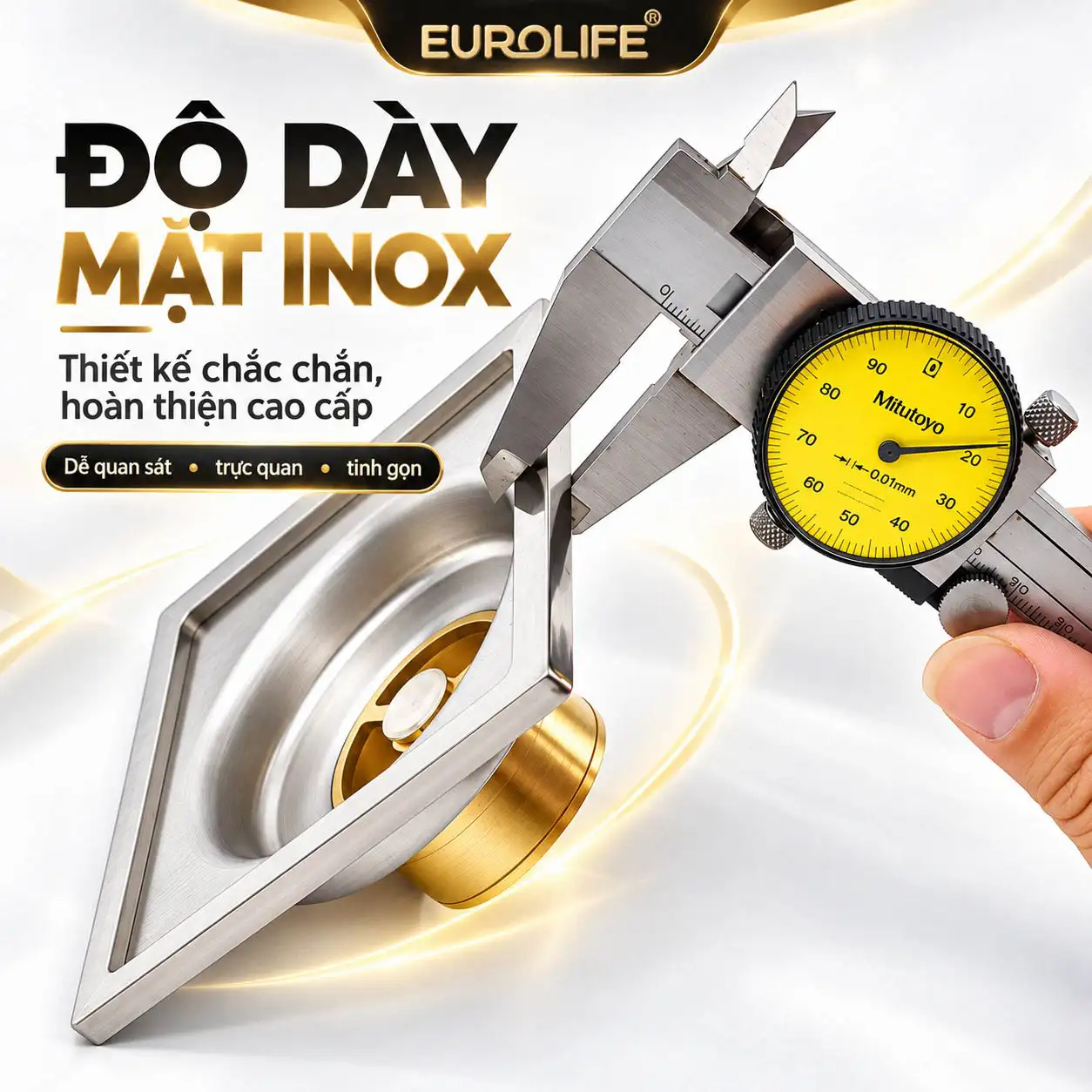 Minh họa đo độ dày phần mặt Inox SUS 304 của thoát sàn Eurolife EL-HG06