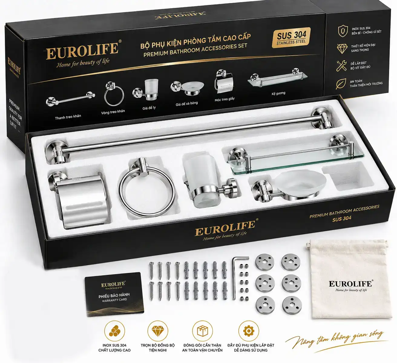 Đóng gói bộ phụ kiện phòng tắm Inox 304 Eurolife EL-P01