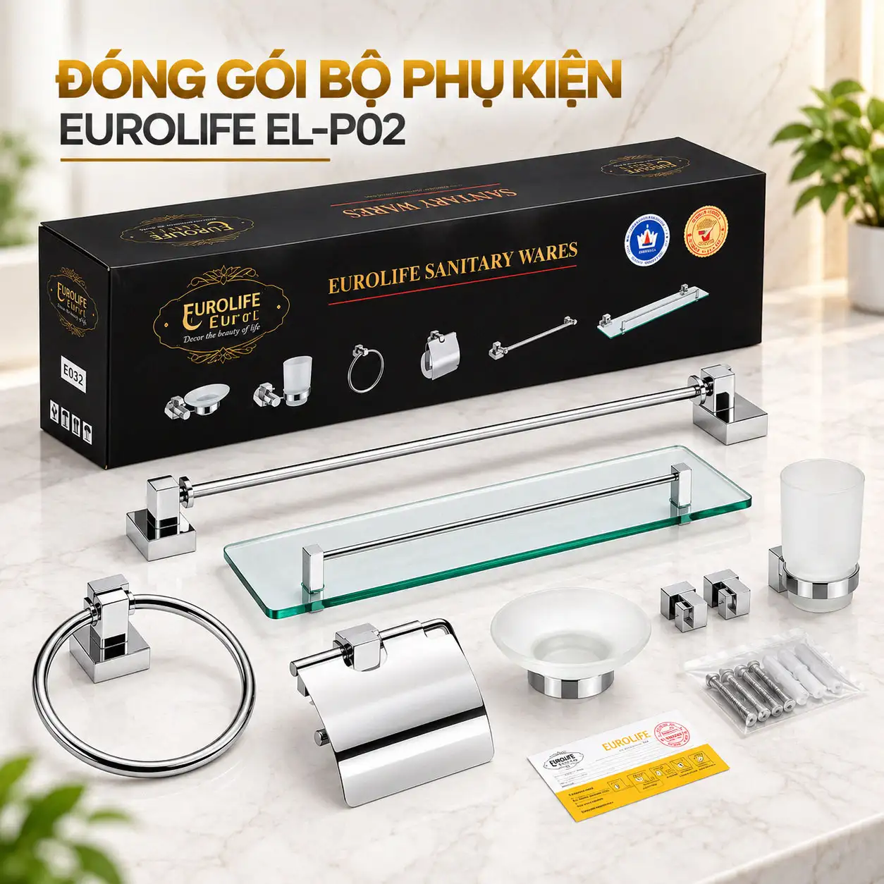 Đóng gói bộ phụ kiện phòng tắm 6 món Eurolife EL-P02