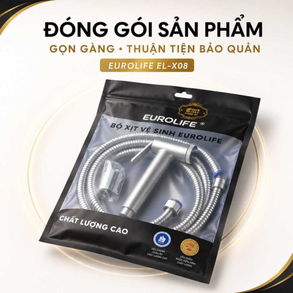 Bao bì đóng gói bộ vòi xịt vệ sinh Eurolife EL-X08, bên trong thể hiện tay xịt, dây và phụ kiện.
