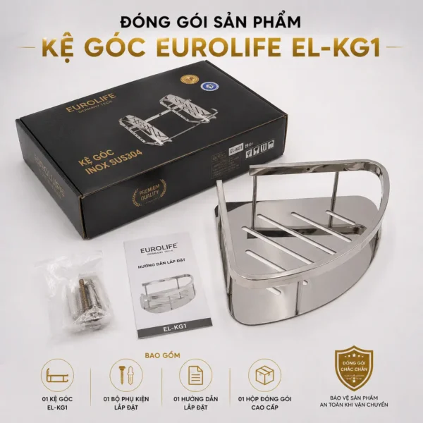 Đóng gói kệ góc phòng tắm Eurolife EL-KG1 và phụ kiện lắp đặt