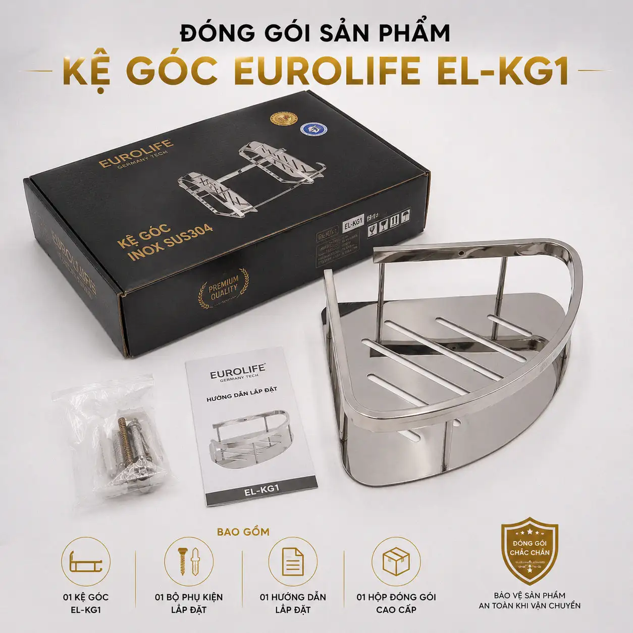Đóng gói kệ góc phòng tắm Eurolife EL-KG1 và phụ kiện lắp đặt