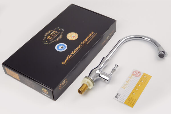Đóng gói vòi rửa chén lạnh Eurolife EL-RC03 gồm thân vòi, hộp sản phẩm và thẻ bảo hành, giúp khách hàng dễ kiểm tra khi nhận hàng.