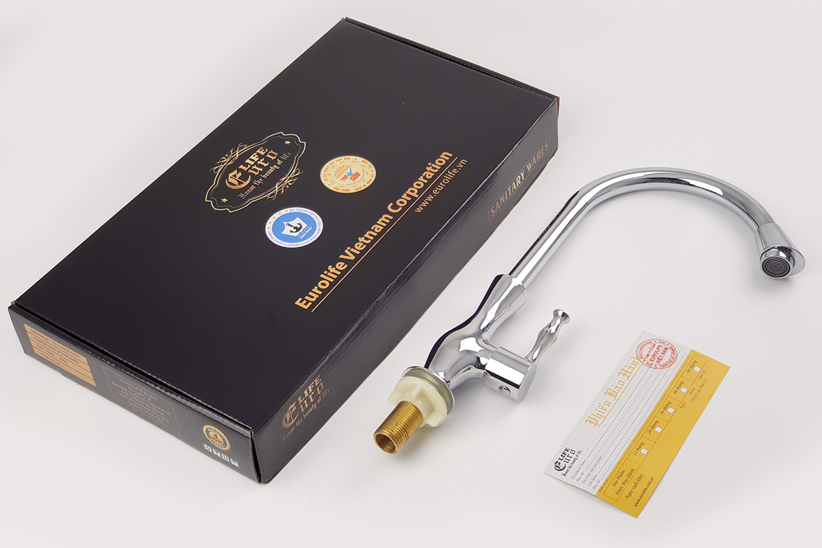Đóng gói vòi rửa chén lạnh Eurolife EL-RC03 gồm thân vòi, hộp sản phẩm và thẻ bảo hành, giúp khách hàng dễ kiểm tra khi nhận hàng.