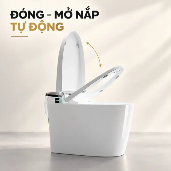 Bồn cầu Eurolife EL-SM8058D nhìn ngang với nắp và vòng ghế nâng lên, kèm mũi tên minh họa đóng mở.