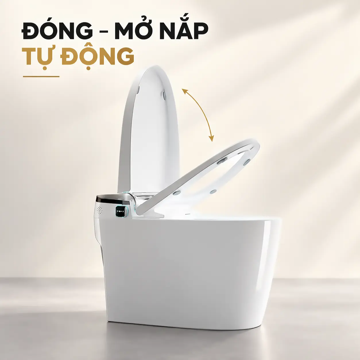 Bồn cầu Eurolife EL-SM8058D nhìn ngang với nắp và vòng ghế nâng lên, kèm mũi tên minh họa đóng mở.