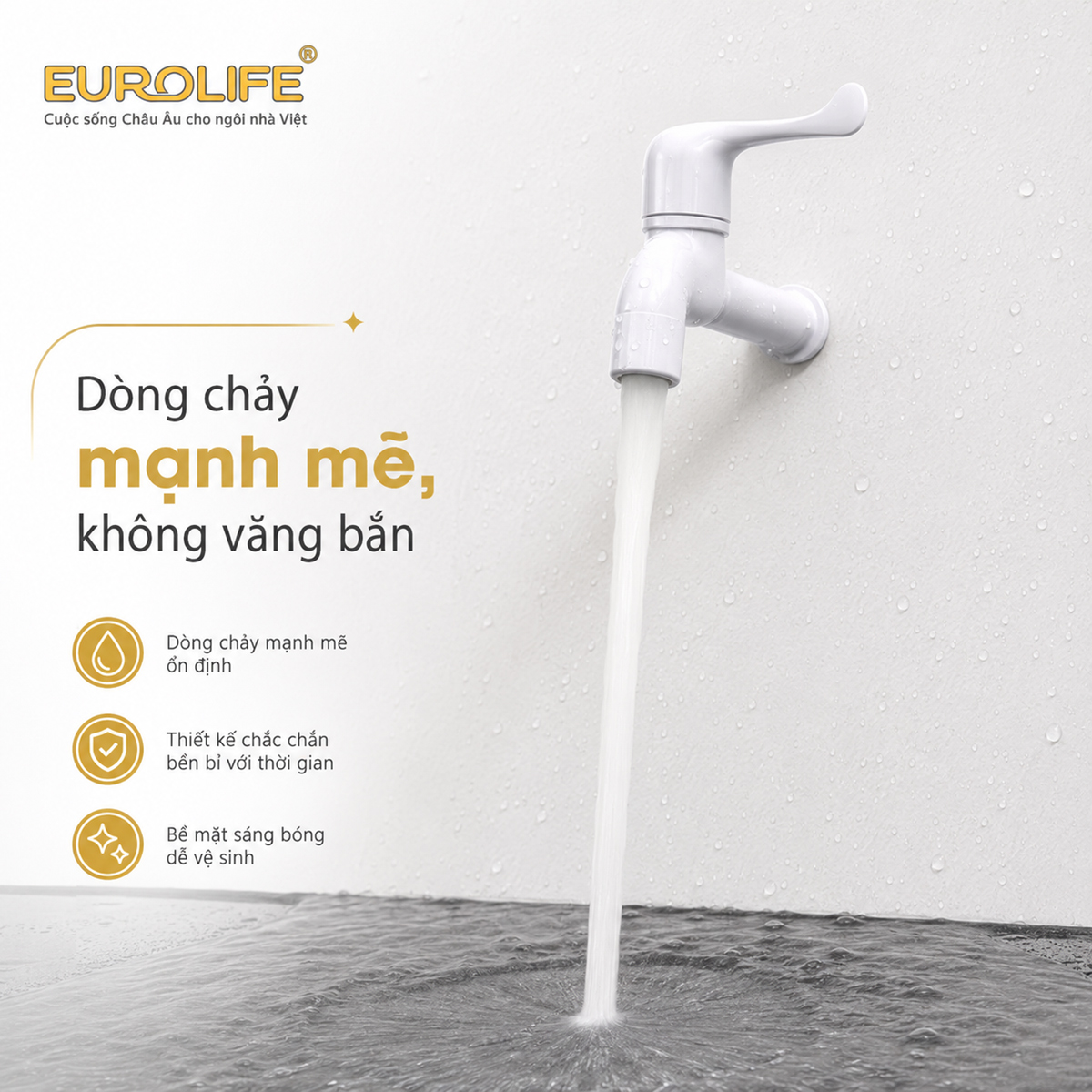 Vòi hồ nhựa ABS Eurolife EL-HN02 với đầu vòi tạo bọt, hỗ trợ dòng nước chảy êm và hạn chế bắn tóe khi lấy nước, rửa sân hoặc vệ sinh.