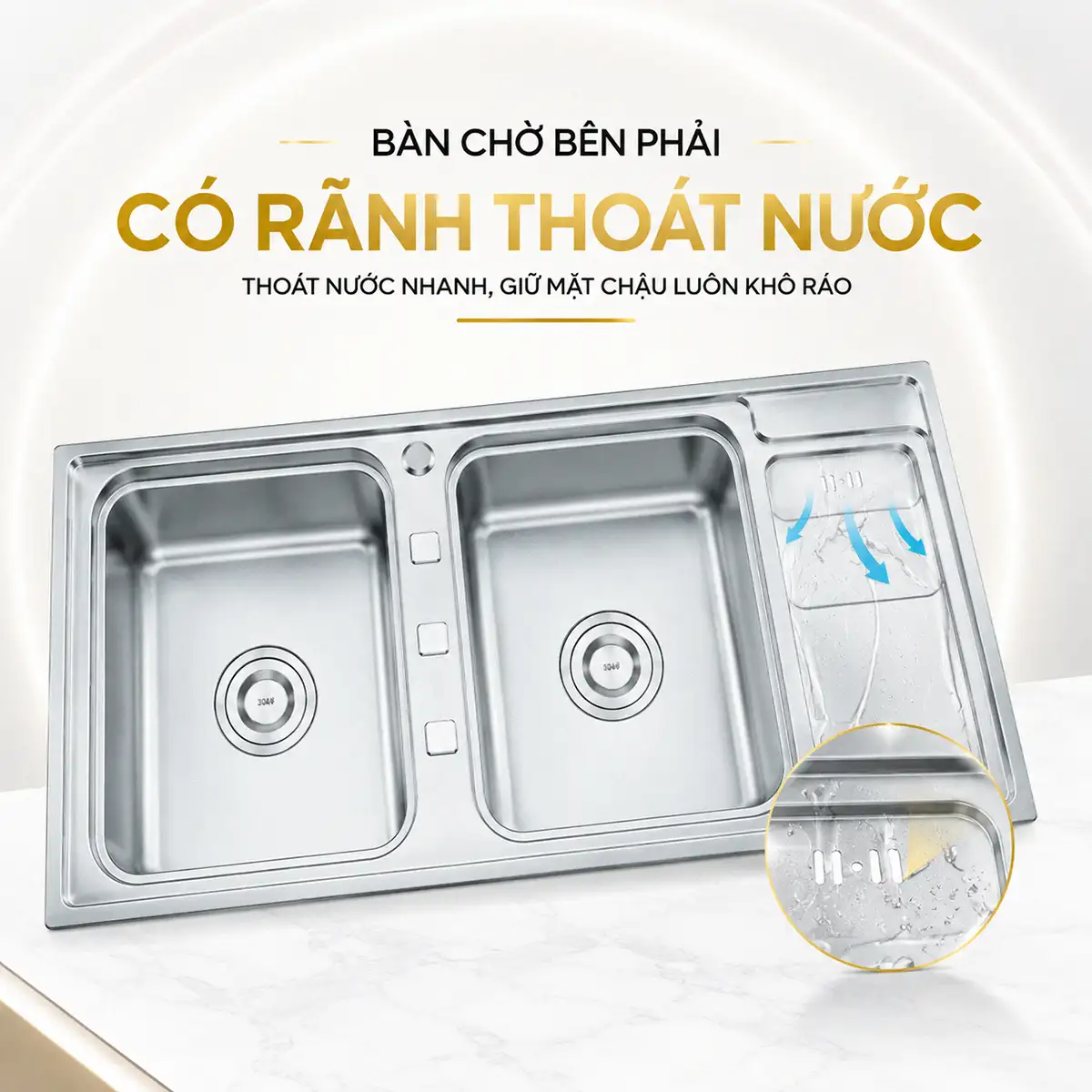 Bàn chờ bên phải có rãnh thoát nước của chậu rửa chén Eurolife EL-C7