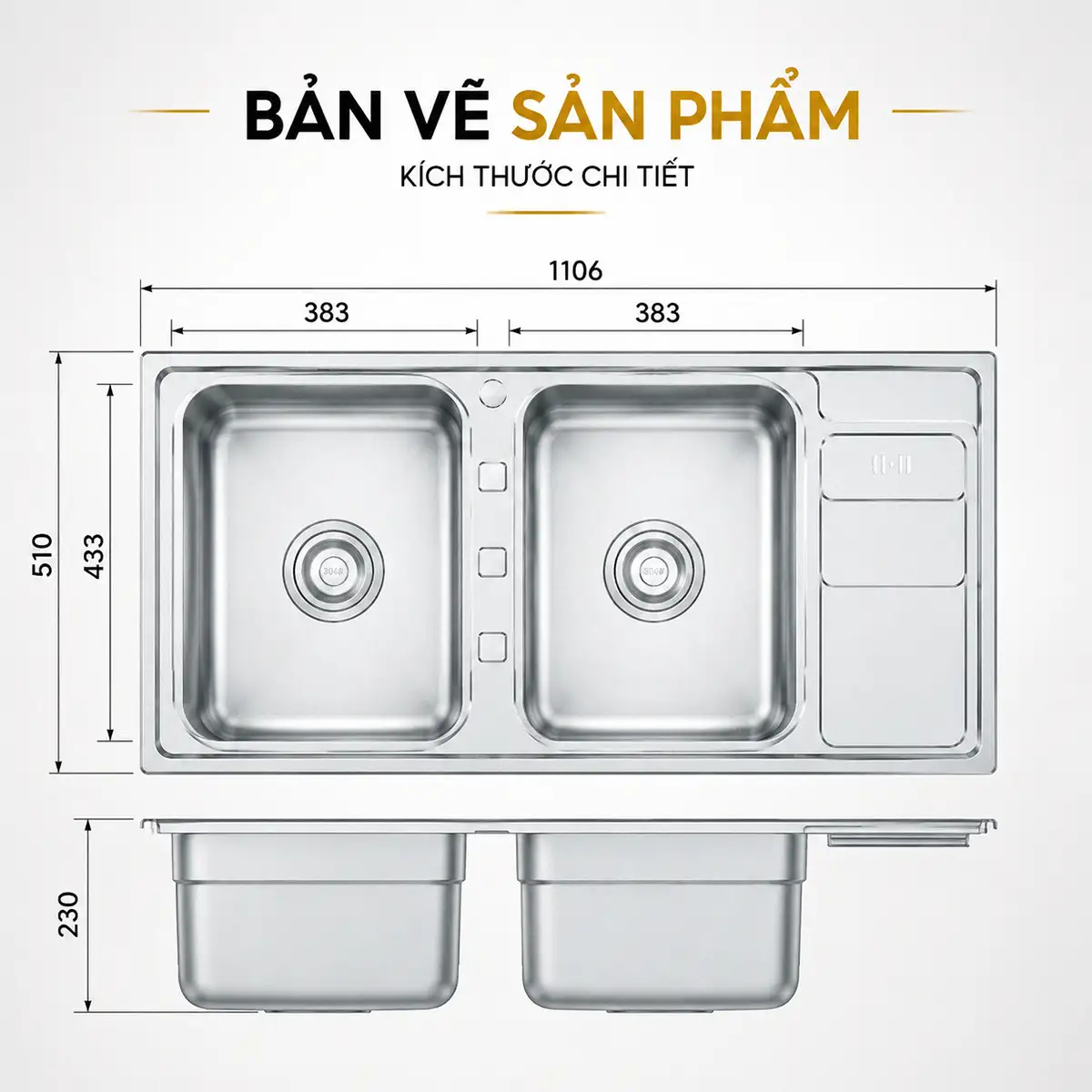 Bản vẽ kích thước chậu rửa chén Eurolife EL-C7 1106 x 510 x 230 mm
