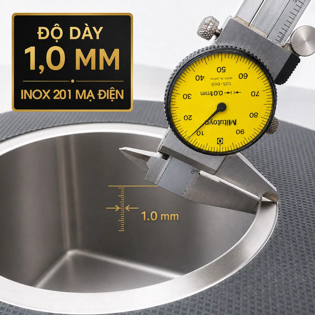 Đo độ dày Inox 201 mạ điện 1.0 mm của chậu Eurolife EL-C7