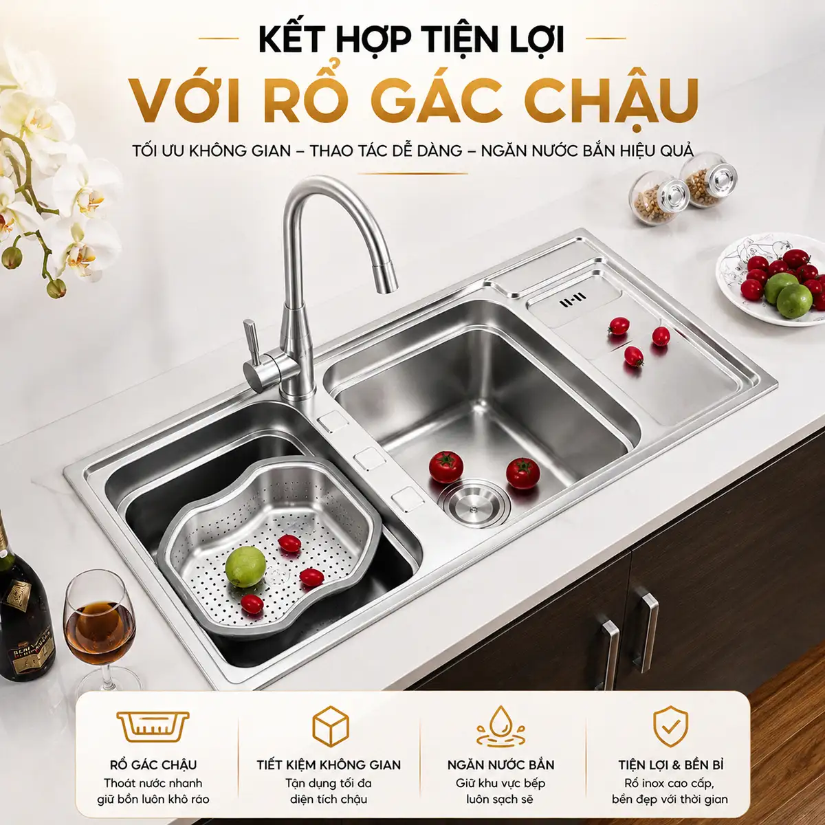 Rổ gác chậu sử dụng cùng chậu rửa chén Eurolife EL-C7 giúp tận dụng không gian hộc rửa