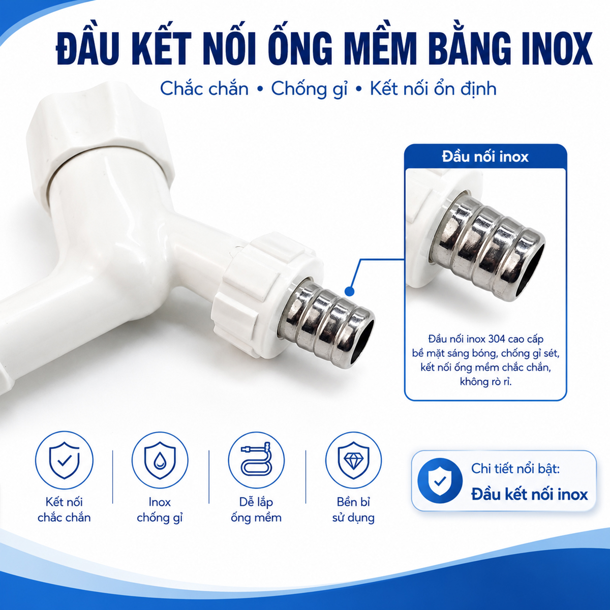 Chi tiết đầu nối kim loại trên vòi hồ Eurolife EL-HN05 giúp kết nối với ống mềm phù hợp, phục vụ tưới cây, rửa sân và vệ sinh ngoài trời.