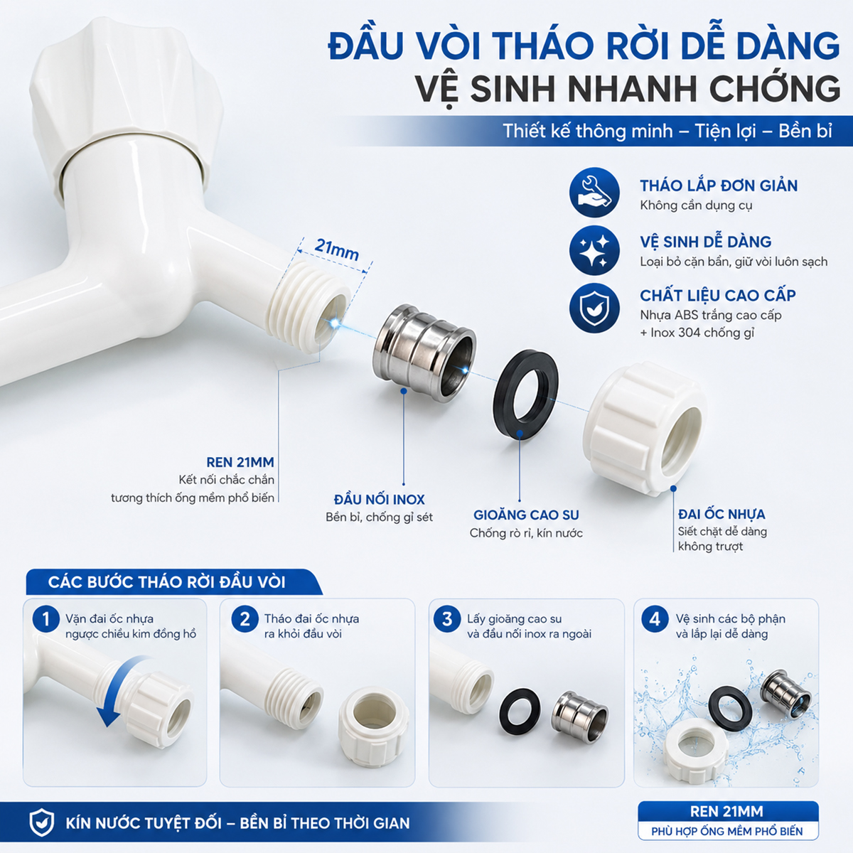 Đầu vòi Eurolife EL-HN05 có cấu tạo tháo rời gồm đầu nối, gioăng làm kín và đai ốc nhựa, hỗ trợ vệ sinh và kiểm tra thuận tiện.