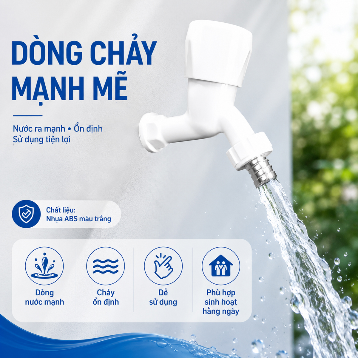 Hình ảnh vòi hồ Eurolife EL-HN05 đang xả nước, phù hợp sử dụng để lấy nước, tưới cây, rửa sân hoặc kết nối với ống mềm tương thích.