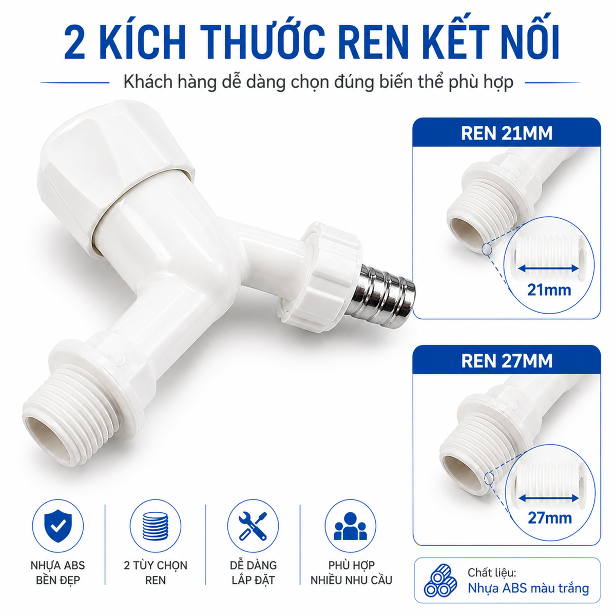 Hình ảnh hai biến thể ren kết nối 21mm và 27mm của vòi hồ Eurolife EL-HN05, giúp khách hàng lựa chọn đúng kích thước theo đầu chờ thực tế.