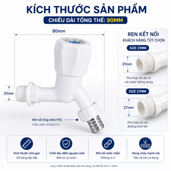 Hình ảnh kích thước vòi hồ Eurolife EL-HN05 dài khoảng 90mm cùng hai lựa chọn ren 21mm và 27mm, giúp khách hàng kiểm tra khả năng tương thích trước khi mua.