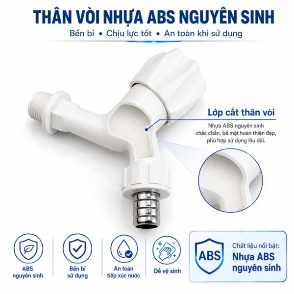Hình ảnh mặt cắt thân vòi hồ Eurolife EL-HN05 bằng nhựa ABS màu trắng, thiết kế dày dặn, nhẹ và thuận tiện vệ sinh trong quá trình sử dụng.
