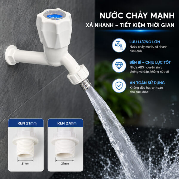 Vòi hồ Eurolife EL-HN06 phục vụ cấp nước cho tưới cây, rửa sân, vệ sinh và lấy nước; khách hàng lựa chọn bộ 3 vòi ren 21mm hoặc bộ 3 vòi ren 27mm.