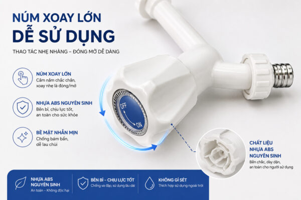 Vòi hồ Eurolife EL-HN06 có núm xoay kích thước lớn, tạo điểm cầm rõ ràng và giúp thao tác đóng mở nước thuận tiện trong sinh hoạt hằng ngày.