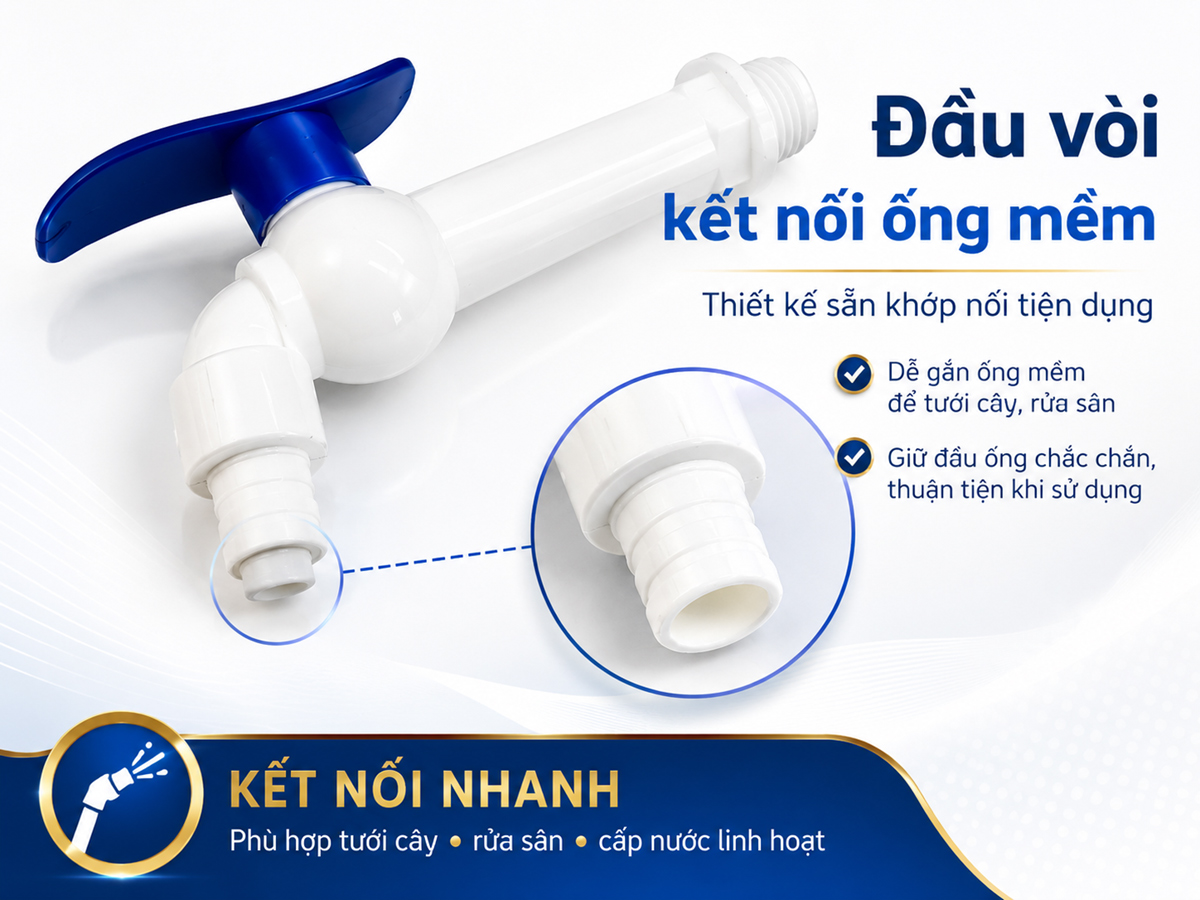 Chi tiết đầu xả vòi hồ Eurolife EL-VHX2127-D thiết kế phù hợp kết nối ống mềm để tưới cây, rửa sân và dẫn nước.