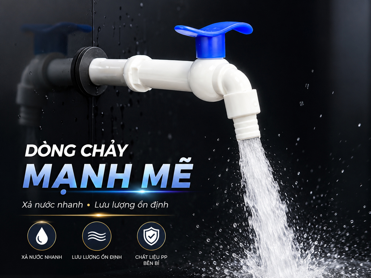 Vòi hồ nhựa PP Eurolife EL-VHX2127-D thân dài 110mm đang xả nước, phù hợp lấy nước, vệ sinh, tưới cây và rửa sân.