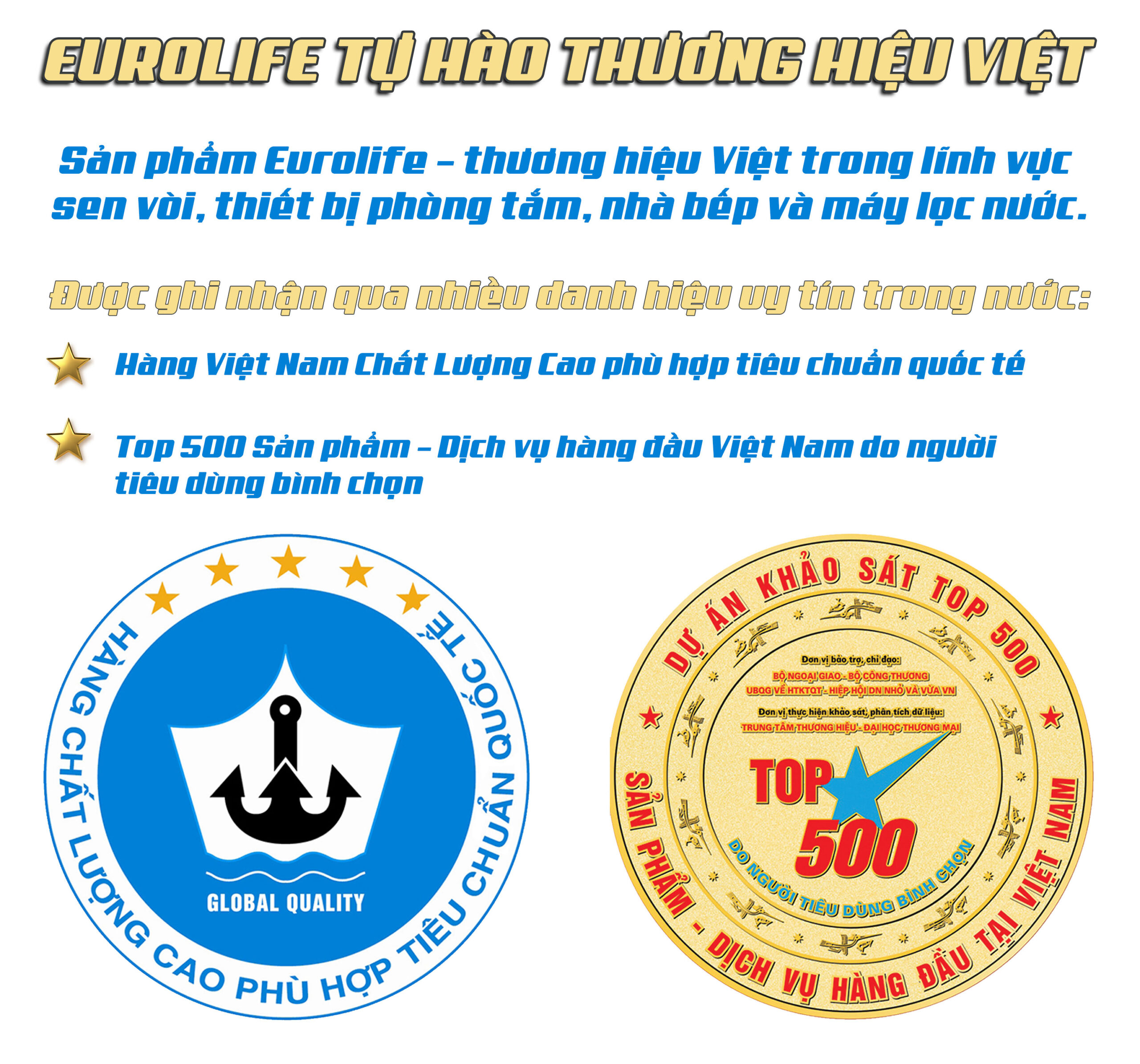 Hình ảnh giới thiệu Eurolife tự hào thương hiệu Việt trong lĩnh vực sen vòi, thiết bị phòng tắm, nhà bếp và máy lọc nước, được ghi nhận qua các danh hiệu uy tín trong nước.