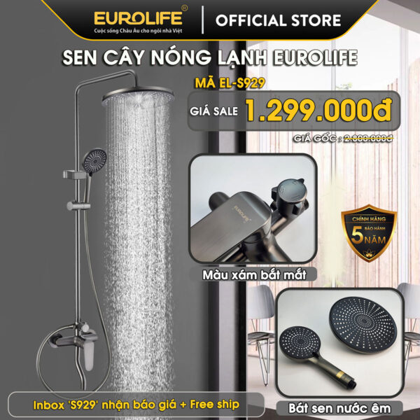 Hình ảnh flash sale sen cây nóng lạnh Eurolife EL-SC929 mạ PVD màu xám, thiết kế thân sen bo vát, dòng chảy mạnh mẽ, bảo hành chính hãng 5 năm.