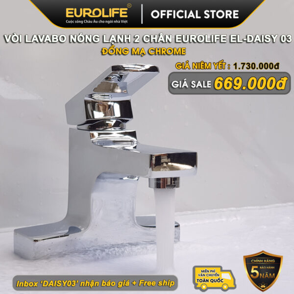 Hình đại diện Flash Sale vòi lavabo nóng lạnh 2 chân Eurolife EL-DAISY 03 bằng đồng mạ Chrome, giá sale hấp dẫn, miễn phí vận chuyển toàn quốc và bảo hành chính hãng 5 năm.