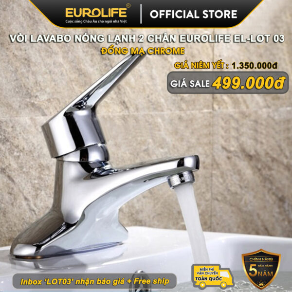 Hình Flash Sale vòi lavabo nóng lạnh 2 chân Eurolife EL-LOT 03 bằng Đồng H61 mạ Chrome, giá sale 499.000đ, miễn phí vận chuyển toàn quốc và bảo hành chính hãng 5 năm.