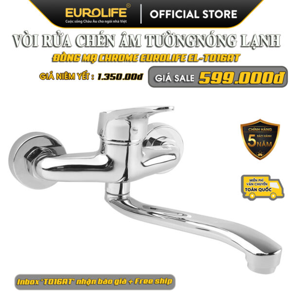 Hình Flash Sale vòi rửa chén âm tường nóng lạnh Eurolife EL-T016AT bằng Đồng H61 mạ Chrome 5 lớp, giá ưu đãi, bảo hành 5 năm và miễn phí vận chuyển toàn quốc.