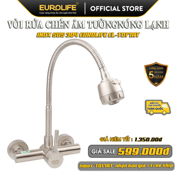 Hình Flash Sale vòi rửa chén âm tường Eurolife EL-T017AT inox SUS 304, cần lò xo linh động, bảo hành 5 năm và ưu đãi miễn phí vận chuyển toàn quốc.