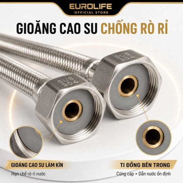 Gioăng cao su tại đầu dây cấp Eurolife EL-DI50, EL-DI60 hỗ trợ làm kín mối nối, hạn chế rò rỉ nước khi được đặt đúng vị trí và siết vừa đủ.