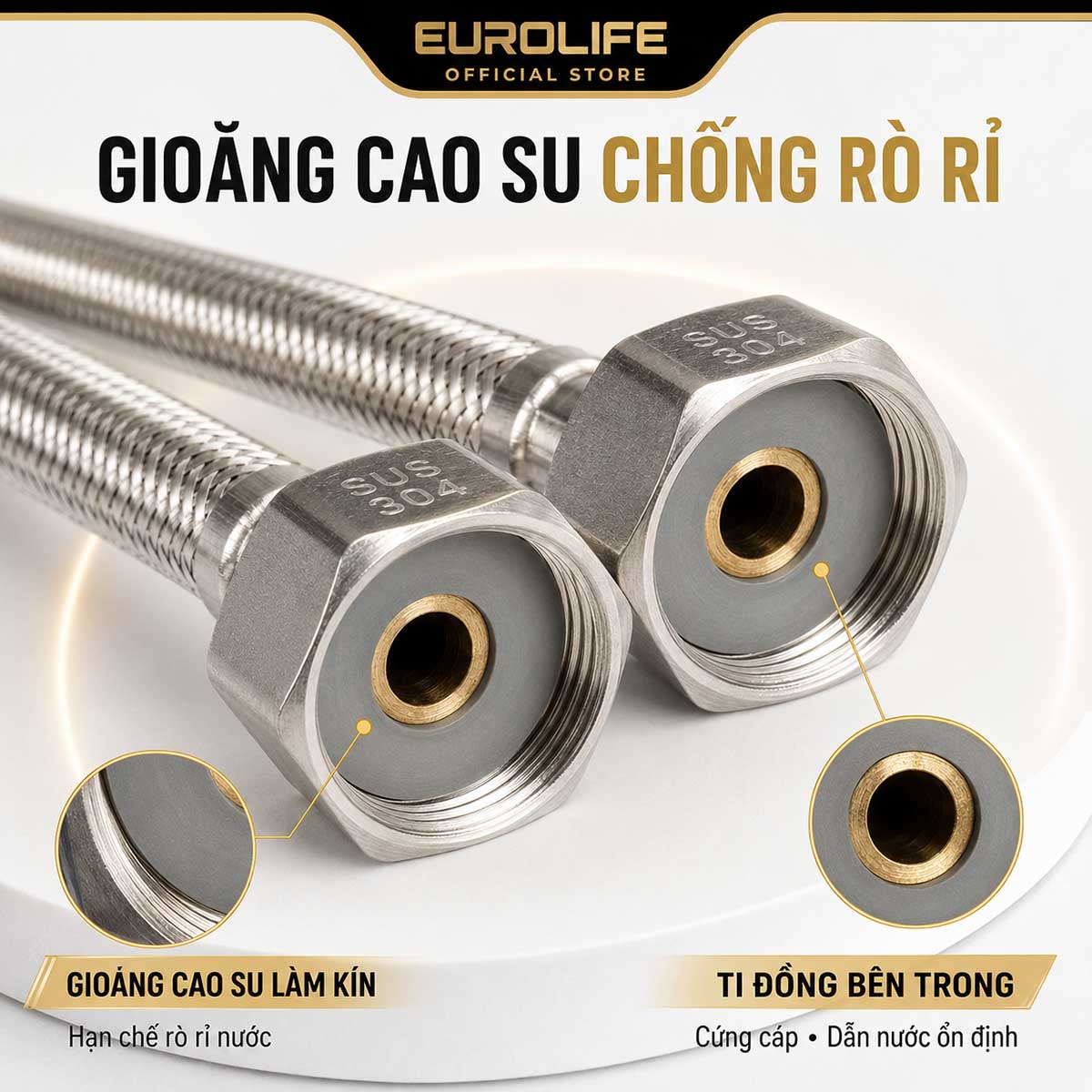 Gioăng cao su tại đầu dây cấp Eurolife EL-DI50, EL-DI60 hỗ trợ làm kín mối nối, hạn chế rò rỉ nước khi được đặt đúng vị trí và siết vừa đủ.