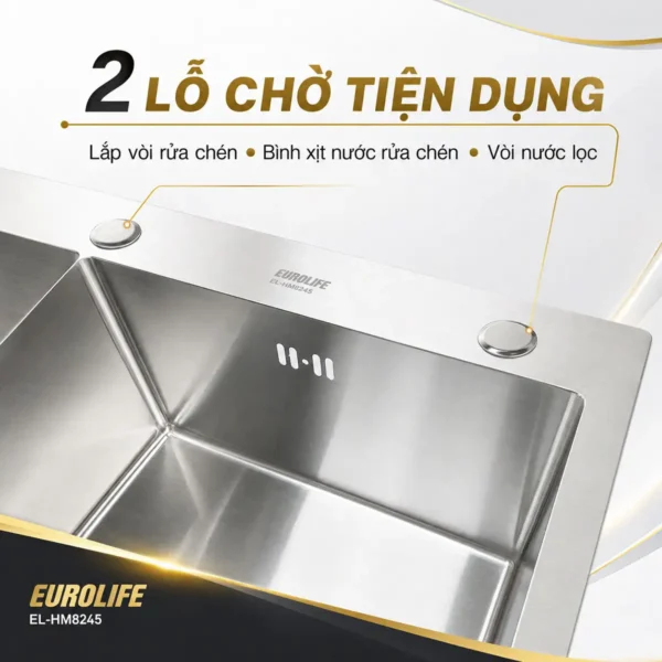 Hai lỗ chờ lắp vòi và phụ kiện trên chậu Eurolife EL-HM8245