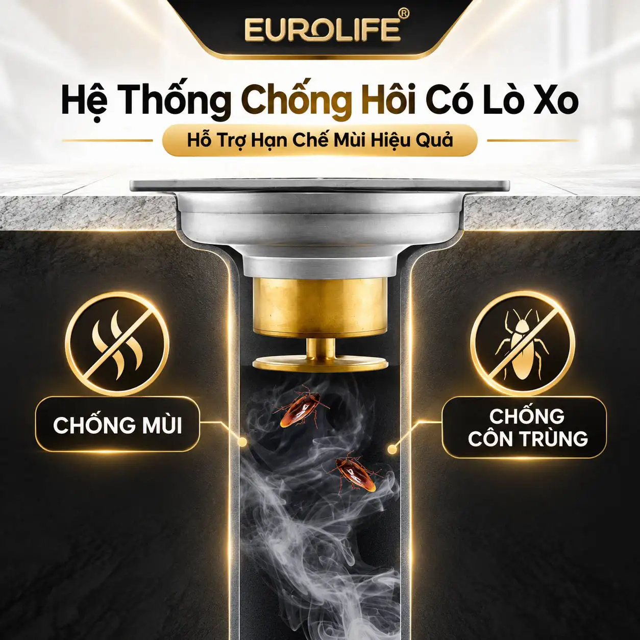 Hệ thống chống hôi có lò xo của thoát sàn Eurolife EL-HG06 hỗ trợ hạn chế mùi và côn trùng