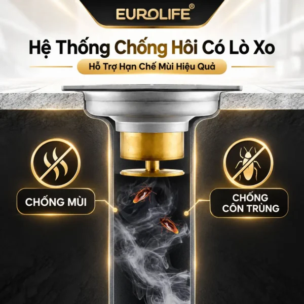Hệ thống chống hôi có lò xo Eurolife EL-HG07 hỗ trợ hạn chế mùi và côn trùng từ đường thoát